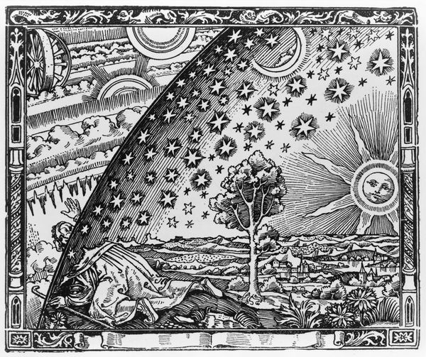 The Flammarion engraving: a traveller pushes his head through the edge of the sky to see the machinery beyond.